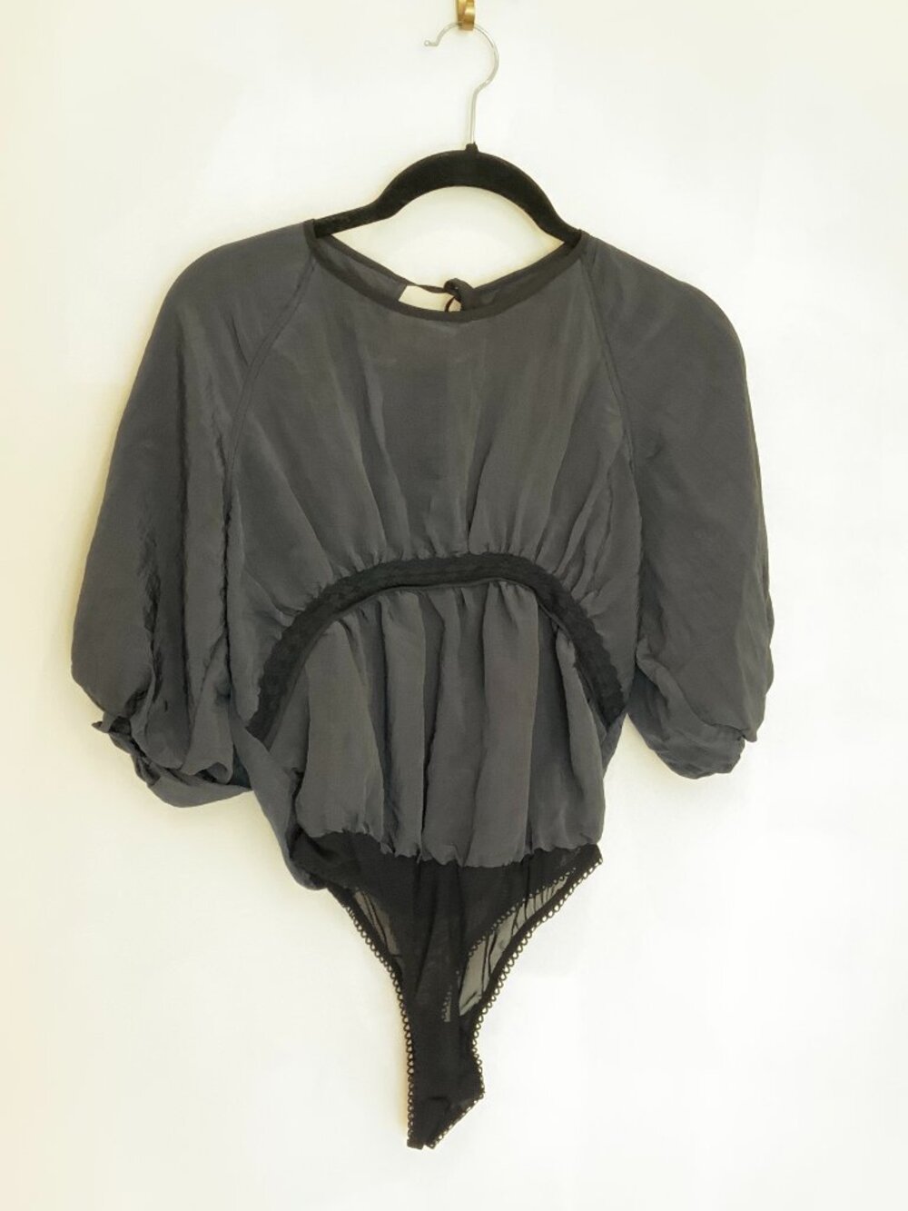 Free People XS Black Gray Backless Tie Neck Puff Sleeve Bodysuit